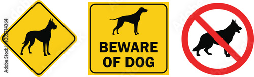 Dog warning and prohibition signs, beware of dog, dog crossing, no dogs allowed, safety signage set - flat vector illustration