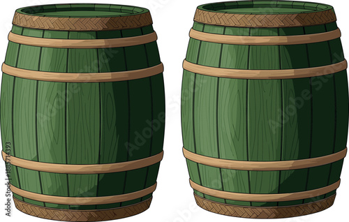 Wooden barrel illustration set showing green painted oak casks with metal hoops isolated on white background for storage beverage and medieval design