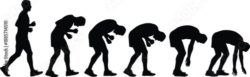 Fatigue progression silhouette set, exercise exhaustion poses, hydration and recovery icons, physical strain stages, flat vector illustration