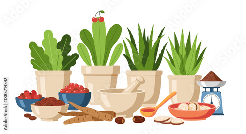 Various herbs and spices, roots, berries, and seeds in flat design, vector illustration