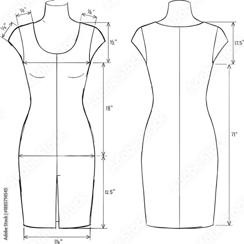 Fitted dress technical sketch with measurements, front and back view, bust waist hip shaping, fashion design template, flat vector illustration