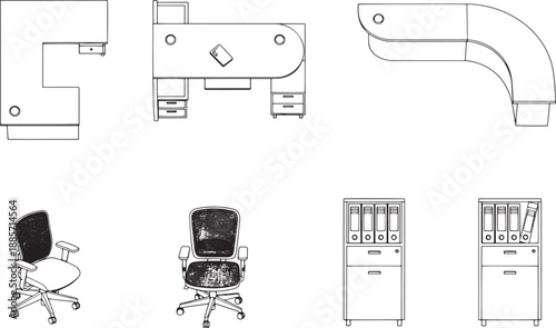 A minimalist, monochromatic, and graphic depiction of contemporary office furniture, designed for a modern workspace, viewed from above, showcasing different arrangements.