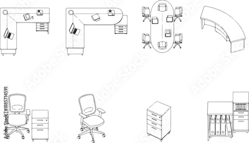 Office furniture arrangements, featuring essential workspace components, perfectly showcasing desk and seating arrangements.