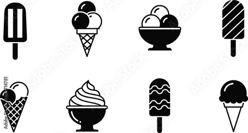 Ice cream icon set, eight styles, popsicle and cone, dessert symbols, summer treats, sweet food, flat vector illustration