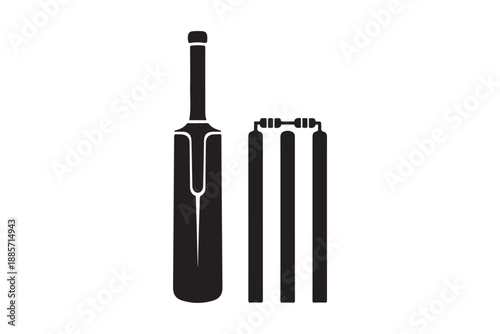 Cricket bat, stumps and bails icon black silhouette vector art