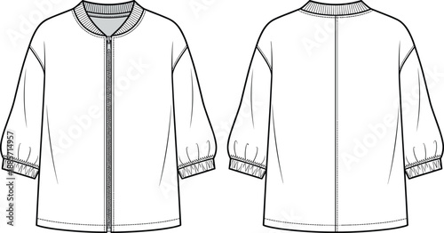 Long sleeve jacket sketch, puff sleeve design, front zipper closure, ribbed neckline, fashion template - flat vector illustration
