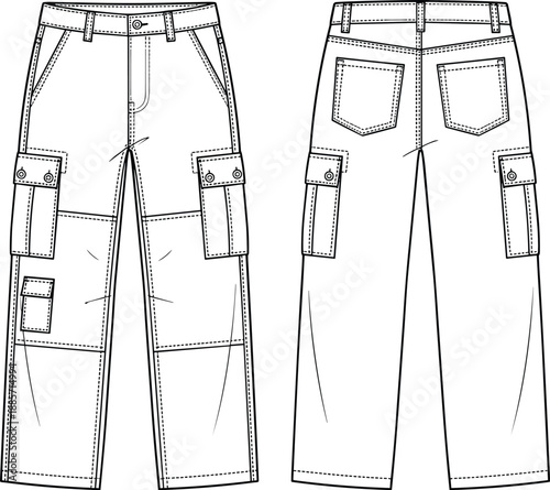 Men’s cargo pants sketch, multi-pocket design, button flap detail, belt loops, front and back view, flat vector illustration