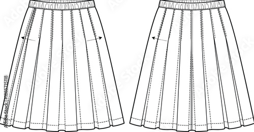 Pleated skirt technical sketch, front and back view, directional fold arrows, gathered waistband, fashion design template, flat vector illustration