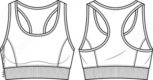 Racerback sports bra fashion template, scoop neckline technical sketch, front back view activewear design, flat vector illustration