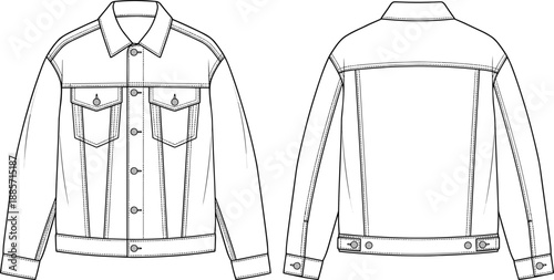 Professional technical fashion illustration of classic denim jacket front and back view, chest pockets, button closure – flat vector design