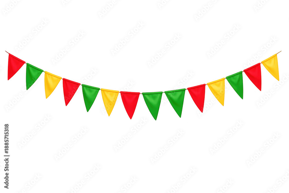 Fototapeta premium Colorful bunting garland streaking, red, yellow, green party flags, festive decoration on transparent background