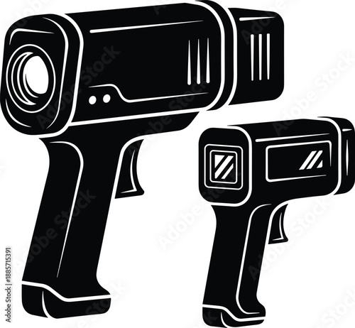 Handheld video camera silhouette vector illustration, professional camcorder and security recording devices icons, modern filming and surveillance equipment design, black and white