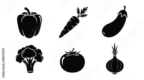 Black vegetable illustrations featuring a pepper carrot and eggplant silhouette