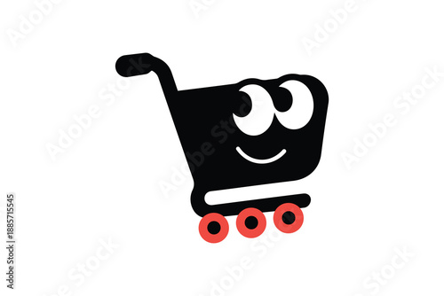 Cute shopping cart character with a smiling face - Happy retail trolley mascot with red wheels