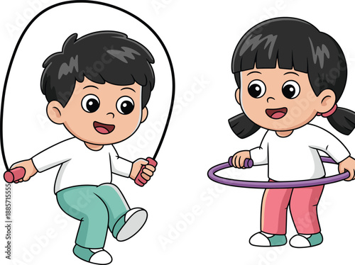 Happy cartoon boy and girl characters jumping rope and playing with a hula hoop isolated on a white background for children sports design.