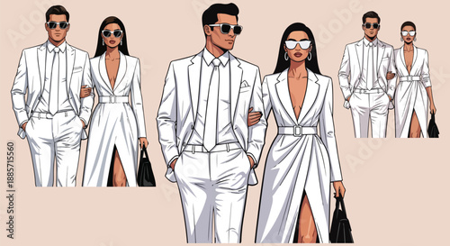 Stylish sophisticated couple dressed in matching white formal attire walking arm in arm in urban fashion design on transparent background