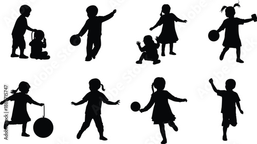 Happy children silhouette vector illustration, kids playing with ball, running, walking, sitting, enjoying outdoor fun, childhood activity, friendship and joyful moments