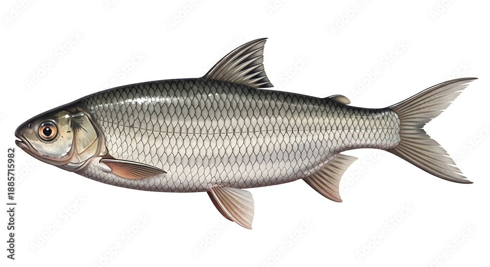 Obraz premium An illustration of a single common bream fish with silver scales, showcasing its aquatic form and detailed fins