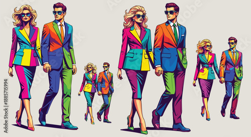 Diverse collection of stylish business people wearing brightly colored segmented modern suits walking forward on transparent background