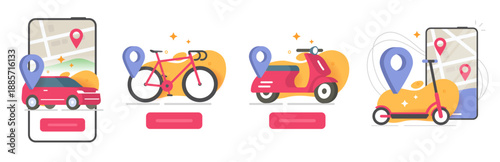 Vehicle rental or delivery app icons vector, urban mobility transportation and gps tracking modern illustration graphic design set, sharing car and bike navigation map on mobile phone screen