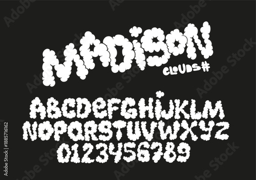 Hand drawn cloud alphabet. Playful bubble letters and numbers. Trendy retro alphabet set. vector illustration