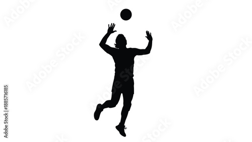 Silhouette of a man jumping to hit a ball in mid air with sports and illustration on white background