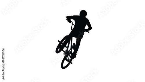 A silhouette of a person performing a trick a bicycle in mid air with stunt on white background