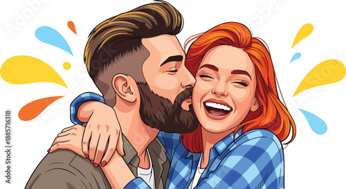 Affectionate bearded man kissing smiling redhead woman on cheek surrounded by bright celebratory splashes on transparent background