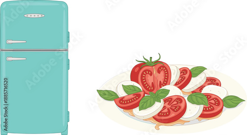 Retro kitchen refrigerator with fresh caprese salad illustration isolated on white background
