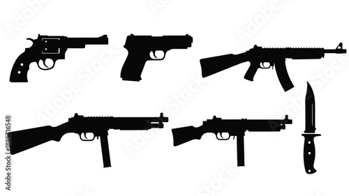 Various firearms and a knife presented in a stark black silhouette