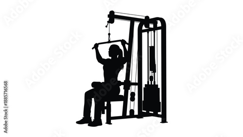 A person exercising a seated cable row machine in a gym with workout and exercise on white background