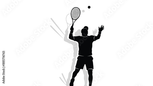 Tennis player serving ball with racket with silhouette illustration and sports action on white background