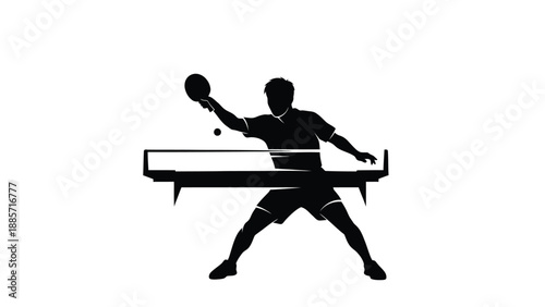 Man playing table tennis with paddle with ping pong and silhouette illustration on white background
