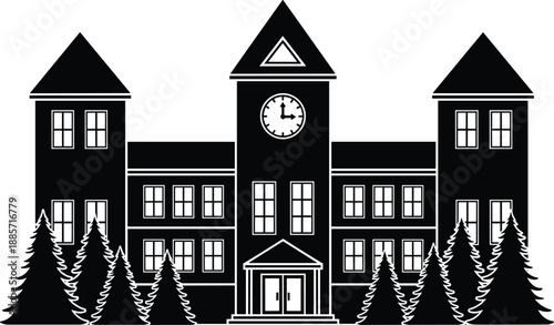 Historic clock tower school building silhouette, classic campus architecture illustration with tall towers and trees, detailed educational institution vector design for academic projects