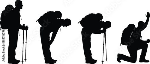 Hiker silhouettes vector illustration set, backpackers resting tired and celebrating success with trekking poles, outdoor adventure journey concept, minimalist black design