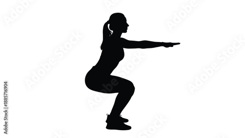 Woman in athletic clothing doing a squat exercise with fitness and workout on white background