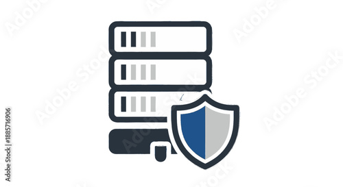 Server rack with shield icon in dark blue and gray colors on white background for cybersecurity