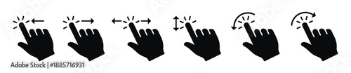 Set of black hand cursor icons illustrating touch gestures: swipe left, right, scroll, and rotate. Minimalist vector graphics for mobile app navigation and UI/UX design on a white background.