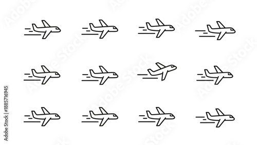 Airplane icons in various flight positions against white background