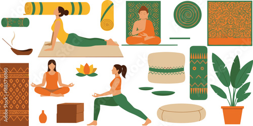 Yoga Meditation And Wellness Illustration Set With Mindfulness Poses Mats And Relaxation Elements