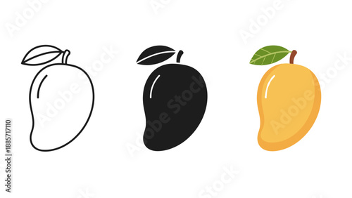 Three mango icons in line black and white outline solid black and yellow with green leaves