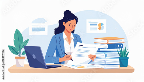 A focused young professional woman working diligently at her organized desk space