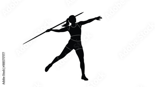 Female athlete in dynamic running motion throwing javelin with silhouette on white background