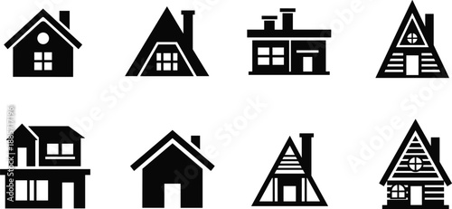 House and home icon silhouettes collection, residential building symbols set, cottage and cabin designs, real estate vector illustration, black isolated architecture icons