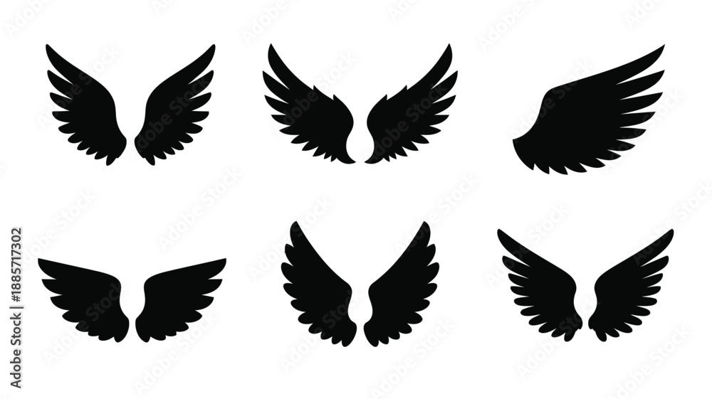 Fototapeta premium Collection of detailed black wings in various positions a striking silhouette