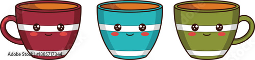 Cute Smiling Coffee Cups Illustration Set With Colorful Mugs And Kawaii Faces