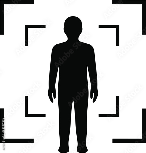 Human body scanning silhouette with focus frame, black vector illustration representing biometric identification, security verification, surveillance technology and access control concept
