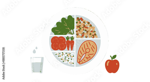 Balanced meal plate with vegetables, protein, and fruit in a healthy diet portion control with colorful illustration for nutrition education