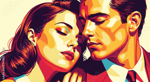 Vintage comic book style close-up portrait captures a passionate and intimate moment between a stylishly dressed couple on transparent background. on transparent background