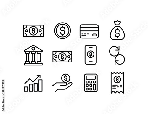 Set of outline money and finance icons, currency symbols, banking, investment, and payment concepts